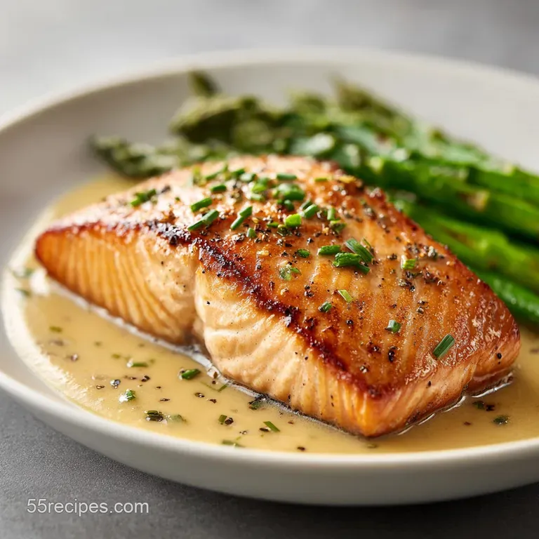 An artfully plated salmon fillet, glistening with sauce, sits beside a sprinkle of fresh, bright green parsley.
