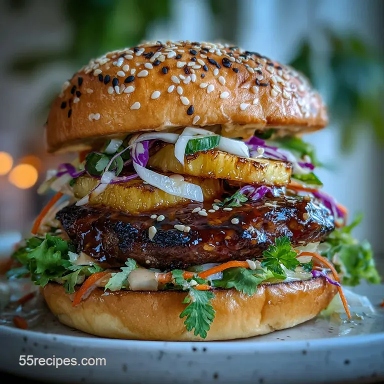 Stacked Hawaiian burger showing layers of juicy pineapple, melted cheese, crispy bacon, and a glistening glazed bun.
