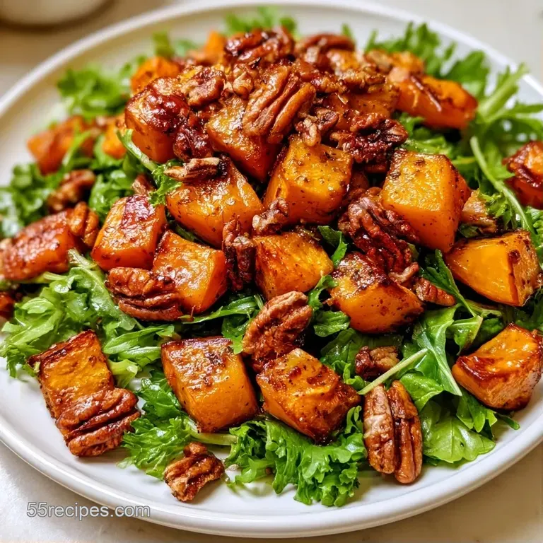 Vibrant roasted golden squash and baby kale arranged on a white ceramic plate with bright red pomegranate seed accents.