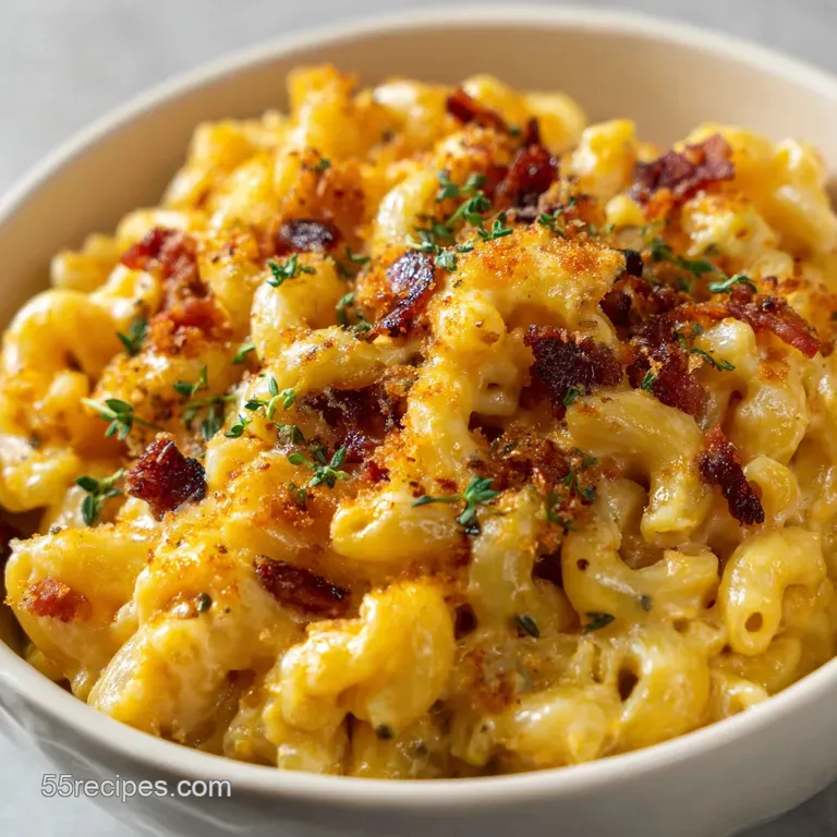 A swirl of cheesy pasta on a plate, hints of bright green herbs, and creamy white sauce offer a comforting and appealing l...