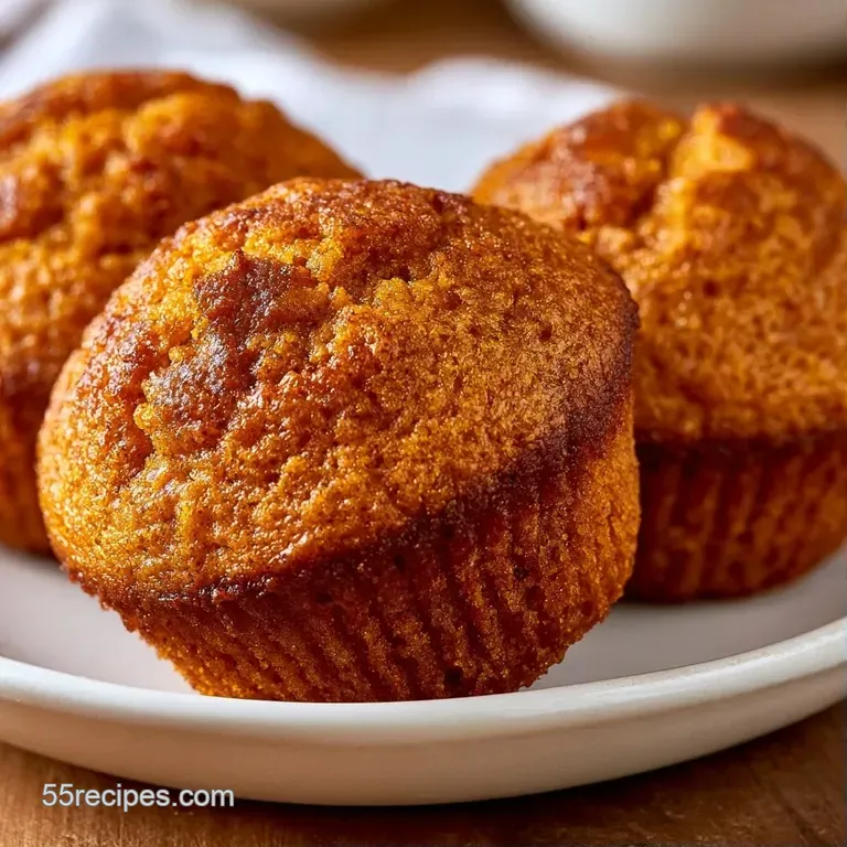 A stack of orange-hued spiced cakes on a white ceramic plate, dusted with cinnamon next to a steaming latte.