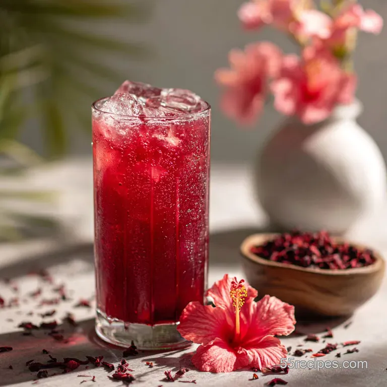 Tall glass of ruby red hibiscus juice with a lime wedge on the rim, floral garnish. Refreshing and elegantly simple.