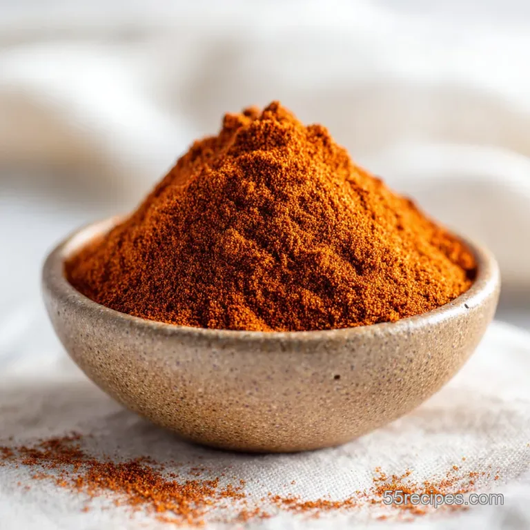 A minimalist white ceramic dish of fine ochre-colored powder beside a whole star anise on clean linen.