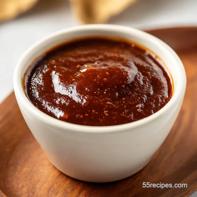A glistening rack of ribs, coated in deep amber BBQ sauce, served with a fresh herb garnish.
