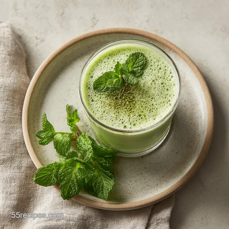 Vibrant green mint shake with whipped cream, chocolate, and mint sprig in a glass, presented on a bright, cheerful backgro...