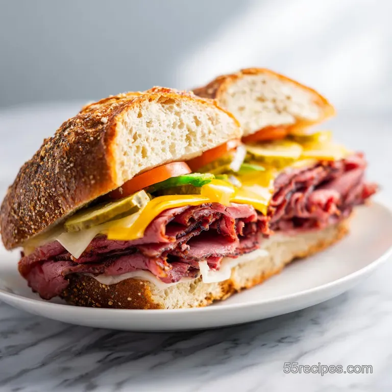 Pastrami sandwich halved, filling spilling, served on butcher paper. Mustard drips down. Warm, inviting, and ready to eat.
