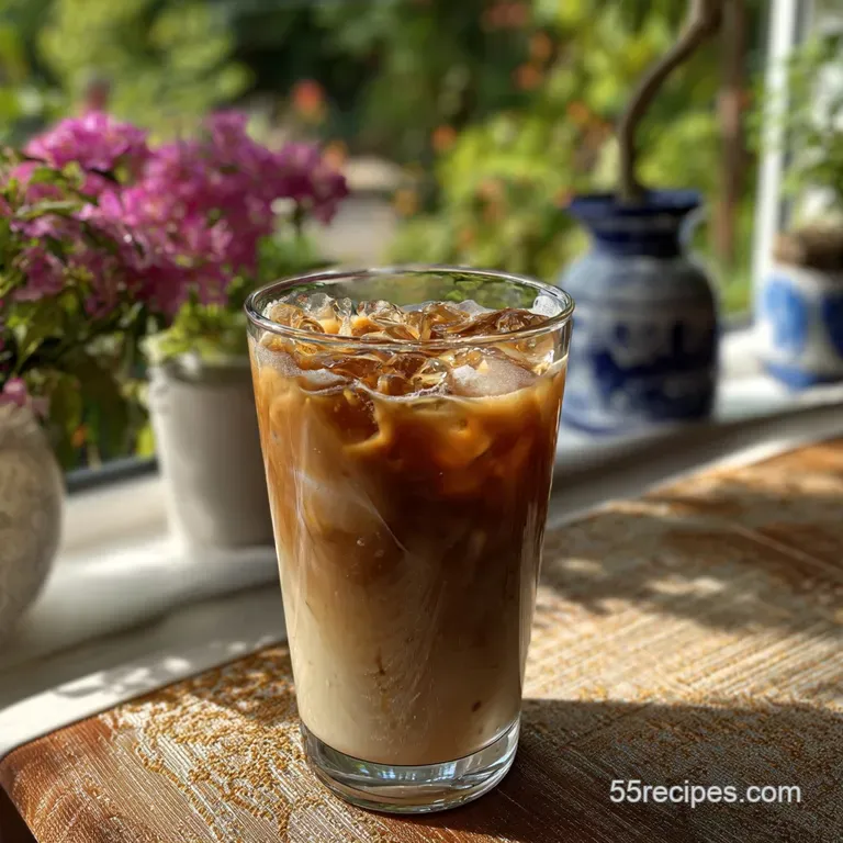 Elegant iced coffee: tall glass, coffee layer on the bottom, topped with foamy milk. Garnish of coffee beans on a wooden c...