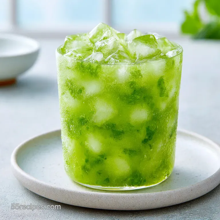 Frosty highball glass filled with pale green liquid and ice, resting on a wooden coaster beside aromatic mint.