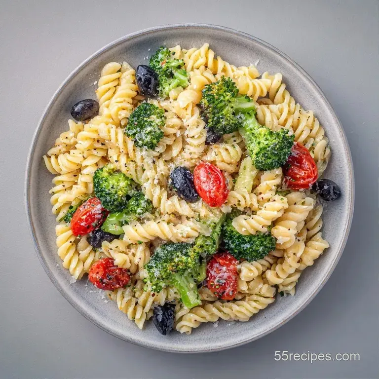 Al dente pasta mixed with vivid green broccoli and red cherry tomatoes in a minimalist white ceramic serving bowl.