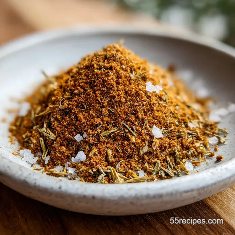 Handcrafted wooden spoon resting in a ceramic bowl filled with a textured, dark spice rub and fresh green herbs.