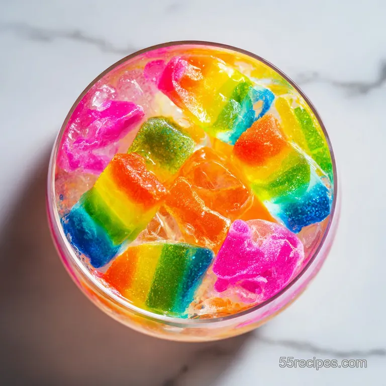 A brightly colored cocktail in a stemless glass on a marble tabletop next to a scattering of colorful hard candies.
