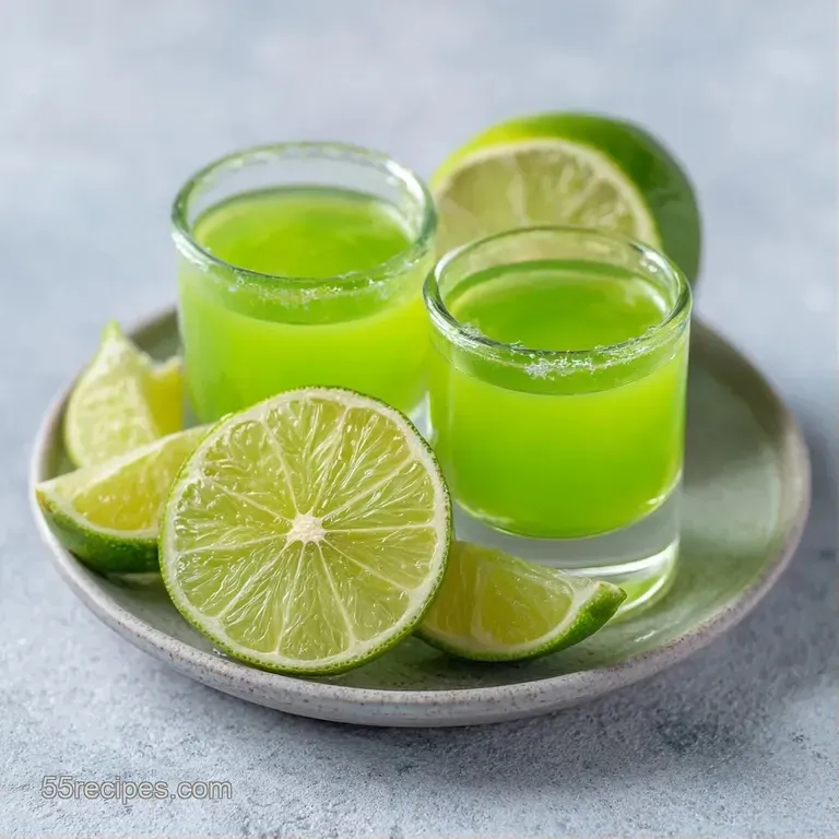 Rows of frost-covered shot glasses filled with pale green liquid, accented by thin lime wheels on a silver tray.