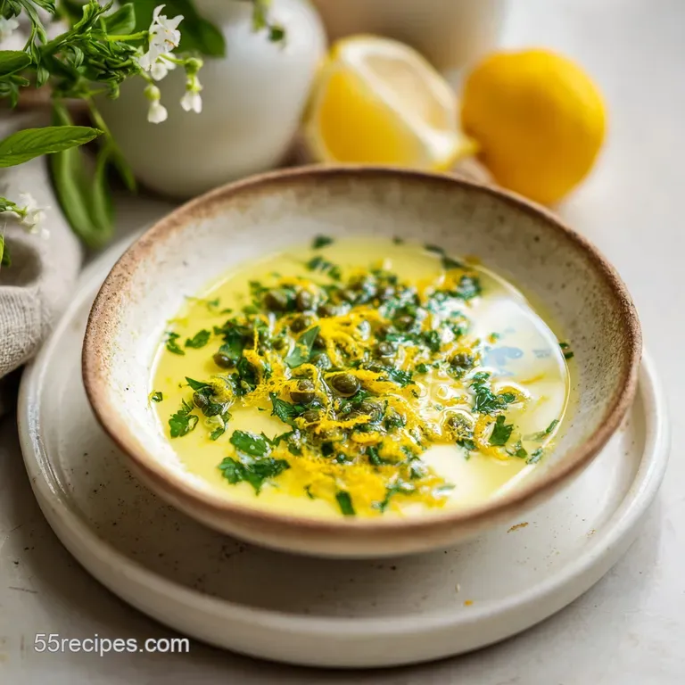 Shimmering buttery yellow sauce drizzled over seared white fish with fresh lemon wedges and a sprig of parsley.