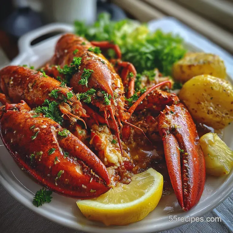 Steaming lobster with glistening shell, nestled amongst vibrant corn on the cob and savory sausage on a white ceramic plat...