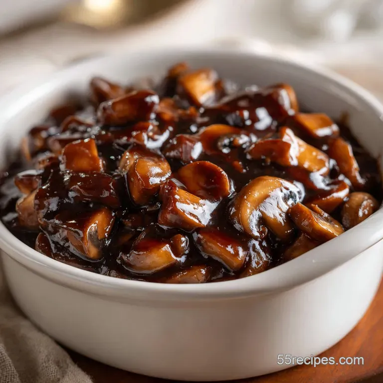 Silky dark brown sauce pooled around a tender meat fillet on a white plate, garnished with a fresh sprig of thyme.