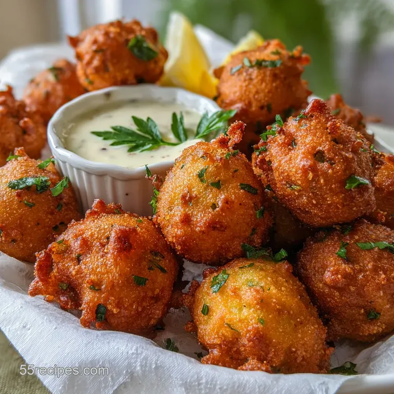 Perfectly browned hush puppy served on a white plate, sprinkled with flaky salt and fresh herbs. Zesty dipping sauce on th...