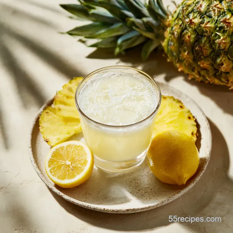 Tall glass filled with chilled pineapple juice. A pineapple wedge adorns the rim, condensation beads create a thirst-quenc...