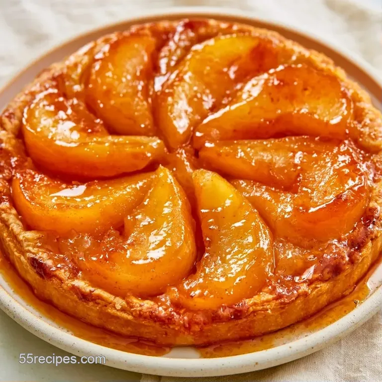 A slice of caramelized pear tart on a white plate with a dollop of cream and a drizzle of amber maple syrup.