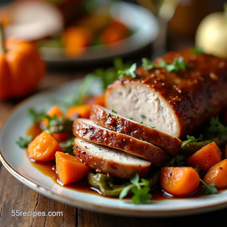Maplebalsamic Glazed Pork with Roasted Root Vegetables presentation