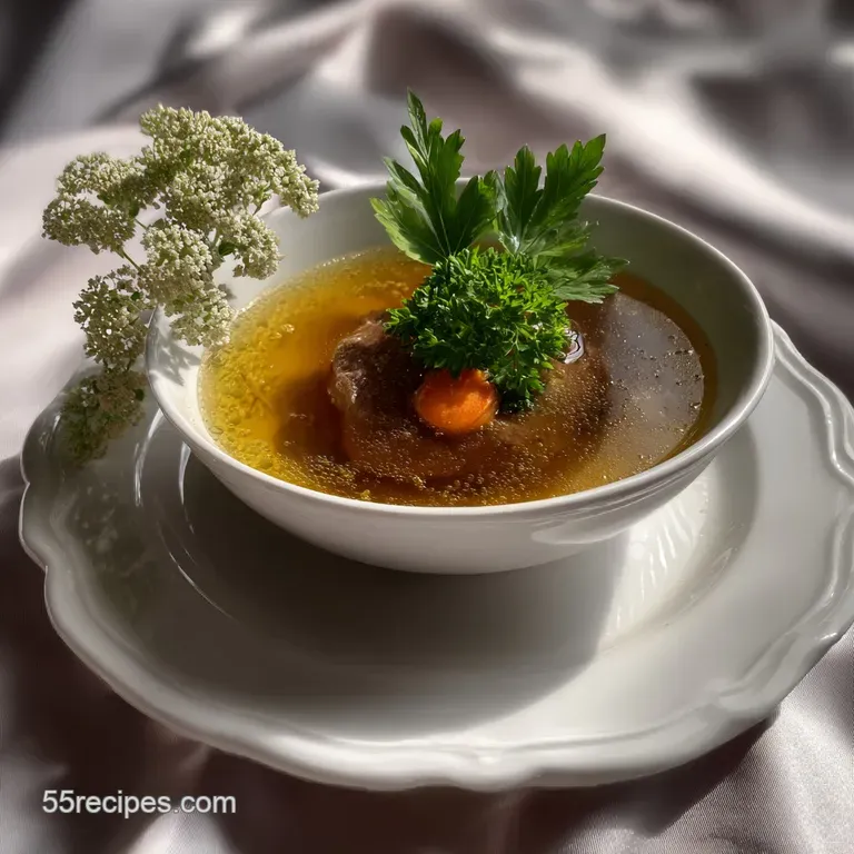 Glistening broth served in a delicate white bowl, garnished with fresh herbs, offering a silky texture and a warm inviting...