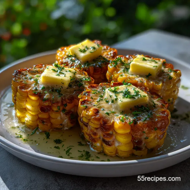 Tender corn cobbettes artfully arranged on a white plate, with a sprinkle of fresh herbs. Vibrant yellows and greens.