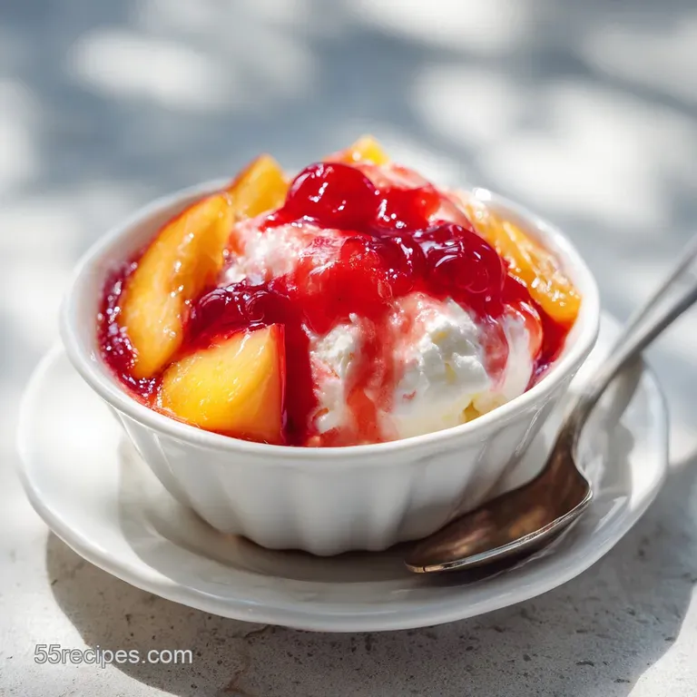 A perfectly ripe peach half, glistening with syrup, paired with a scoop of vanilla ice cream and vibrant, ruby-red raspber...