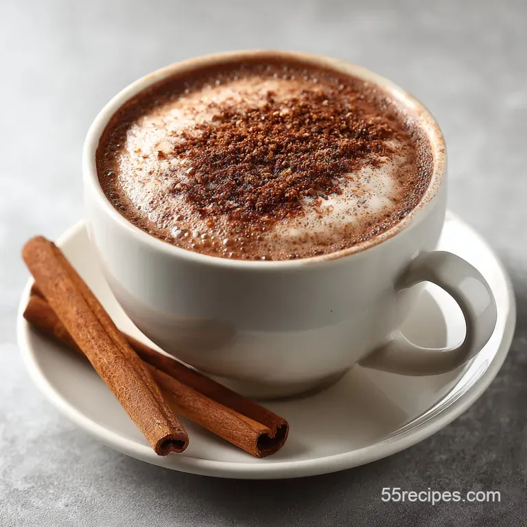 A rustic clay mug of frothy cocoa on a wooden tray next to a cinnamon stick and a small bowl of brown sugar.