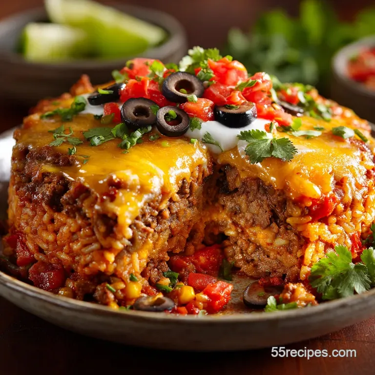 Mexican Rice Casserole: Hearty Ground Beef and Rice Fiesta Bake presentation