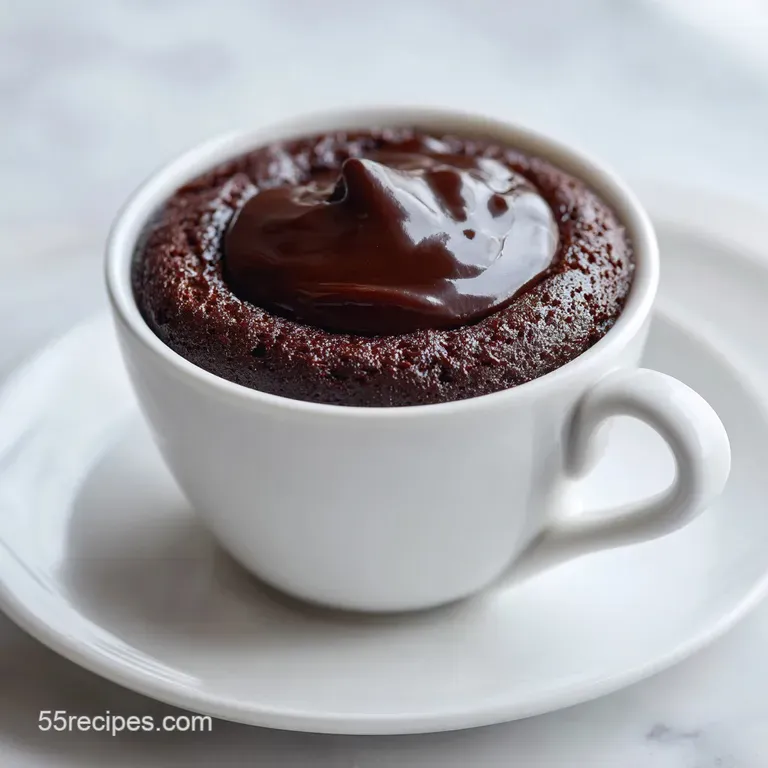 Chocolate mug cake topped with powdered sugar and fresh raspberries. Spoonful taken revealing soft, moist interior. Warm &...