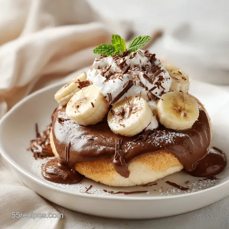 A generous scoop of creamy banana pudding, artfully presented with a drizzle of chocolate sauce.