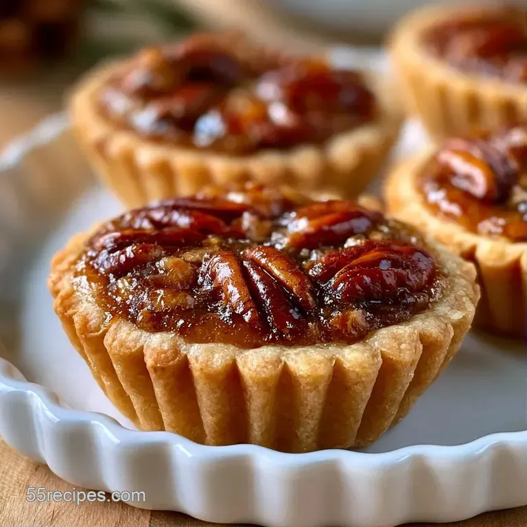 Small buttery pastry cups filled with glossy brown syrup and toasted pecans arranged on a dark slate serving board.
