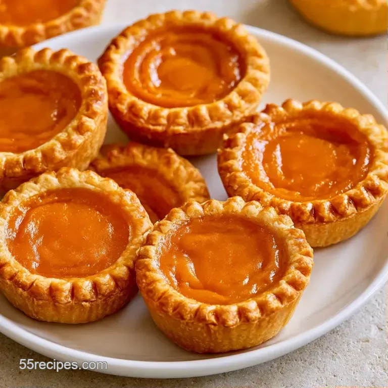 Small orange tarts on a white marble platter with a dusting of cinnamon and swirls of thick white cream.