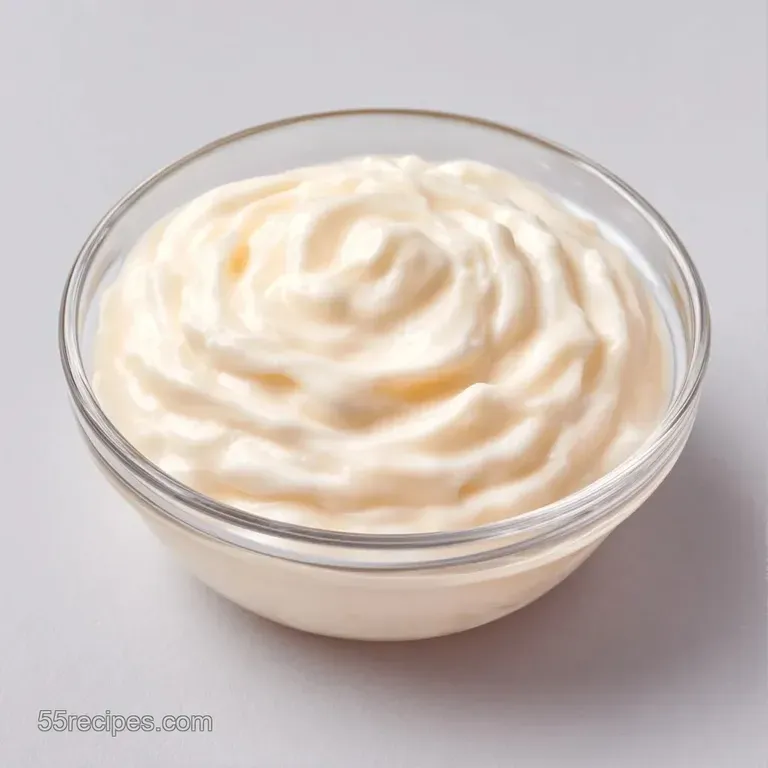 A clear glass jar of thick white dressing beside fresh garden greens and sliced cucumbers on a bright marble surface.