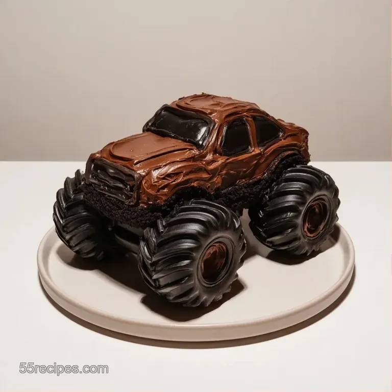 Sculpted dark cocoa cake shaped like a truck, resting on a white platter with swirls of smooth chocolate buttercream.