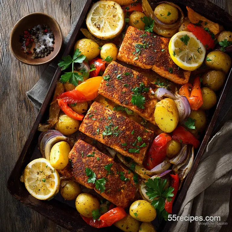 Spiced Salmon Perfection: the Ultimate Moroccan Sheet Pan Traybake presentation