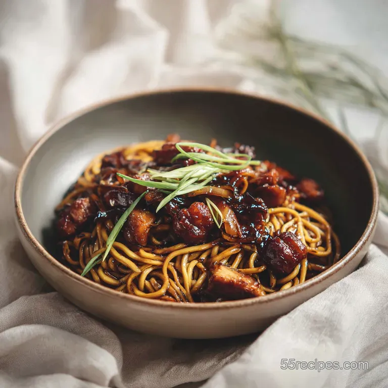 Golden, glossy caramelized chicken arranged artfully atop a mound of savory noodles, garnished with fresh green herbs.