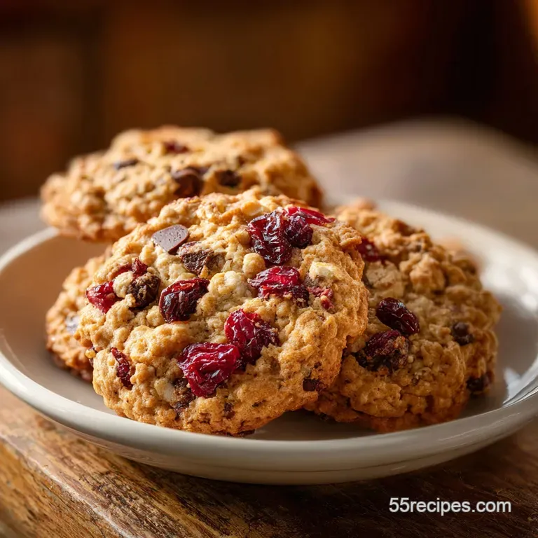 Two oatmeal cranberry chocolate cookies stacked on a white plate with a glass of milk. Cookie crumbs and melted chocolate.