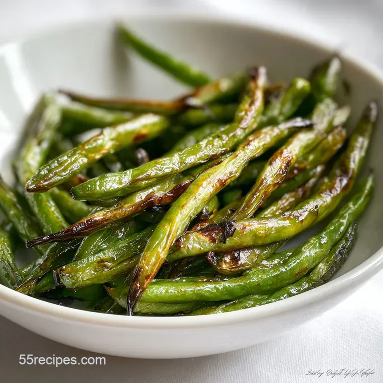 Perfectly plated portion of crisp-tender roasted green beans, speckled with seasonings and herbs, cascading from a white s...