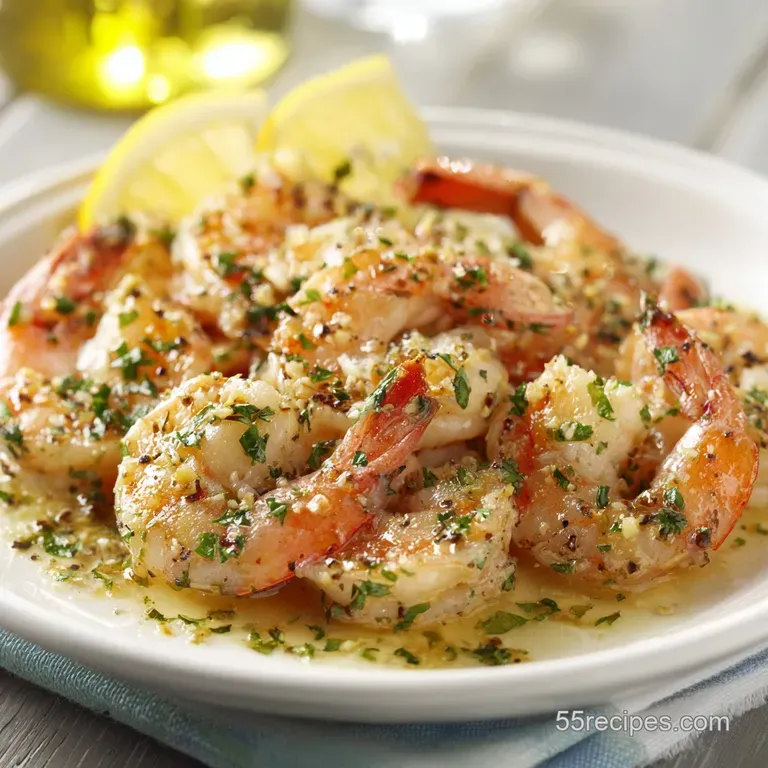 Plated shrimp scampi with bright lemon wedge and crusty bread. Steaming, flavorful, and visually appetizing.
