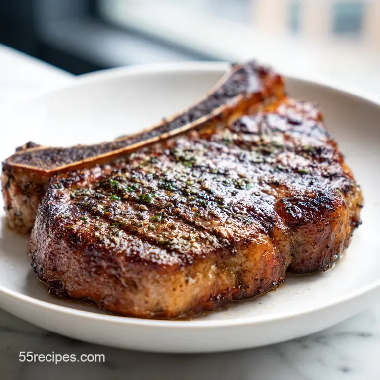 T-bone steak plated with roasted asparagus. The char marks are visible, with a glistening herb butter melting over the steak.