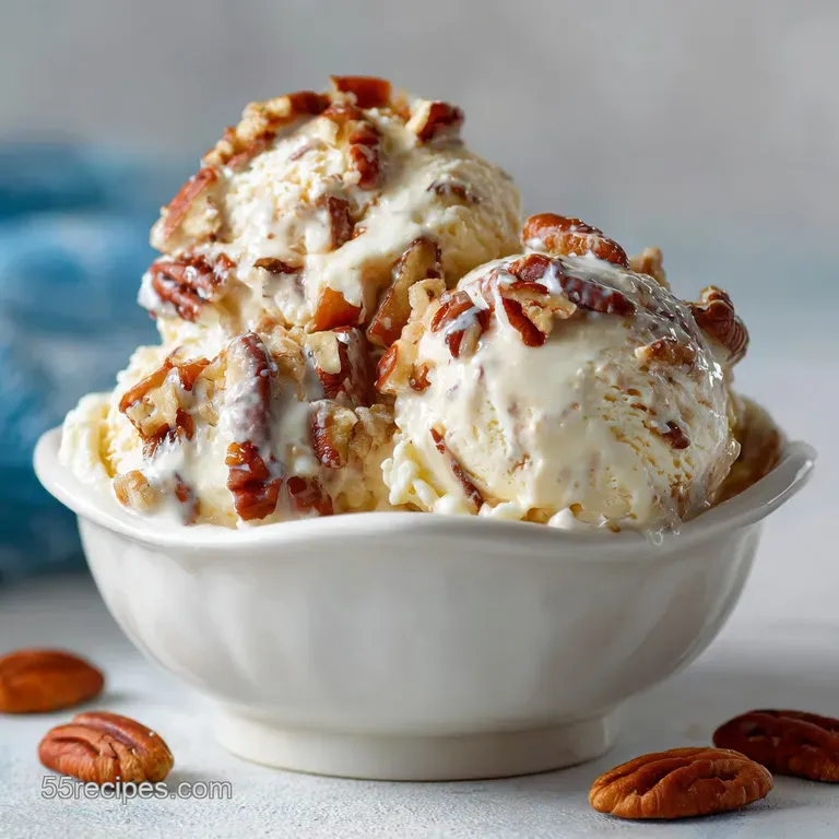 Scoop of pale tan praline ice cream drizzled with warm caramel, garnished with pecans on a small white dessert plate.