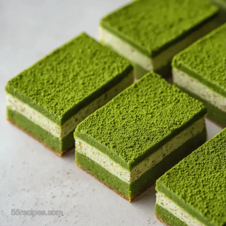 Symmetrical squares of dense green dessert dusted with white sugar, paired with fresh berries on a slate plate.
