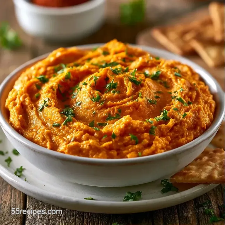 Vibrant orange whipped dip in a white bowl on a rustic board with sliced pears and golden-brown crackers.