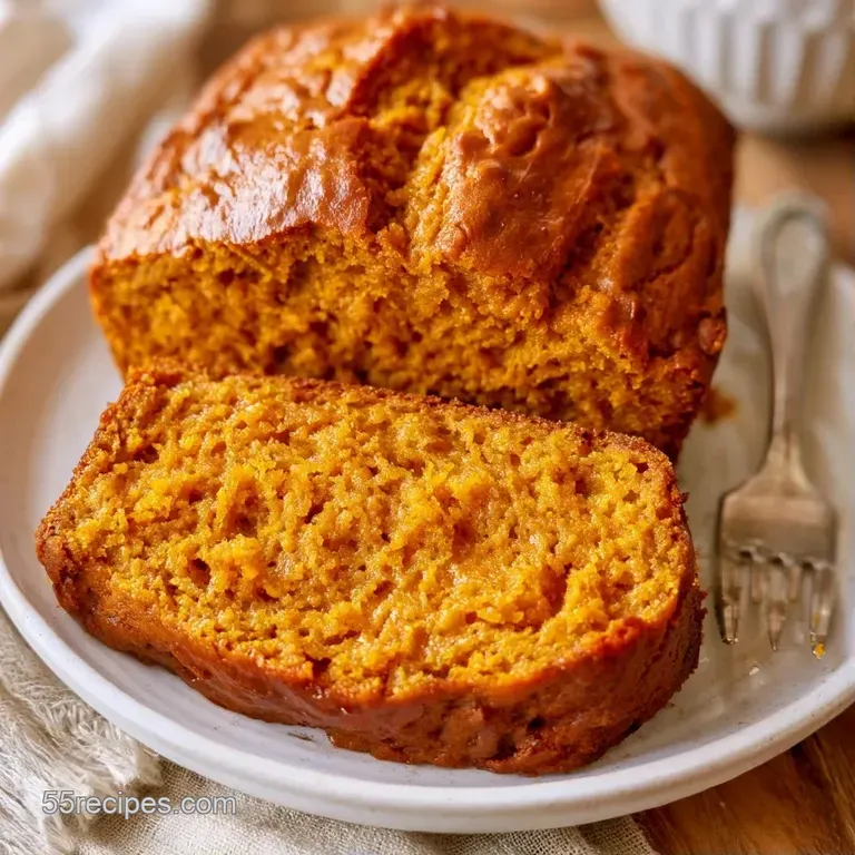 Thick slices of moist orange-hued bread served on a ceramic plate with a pat of melting salted butter.