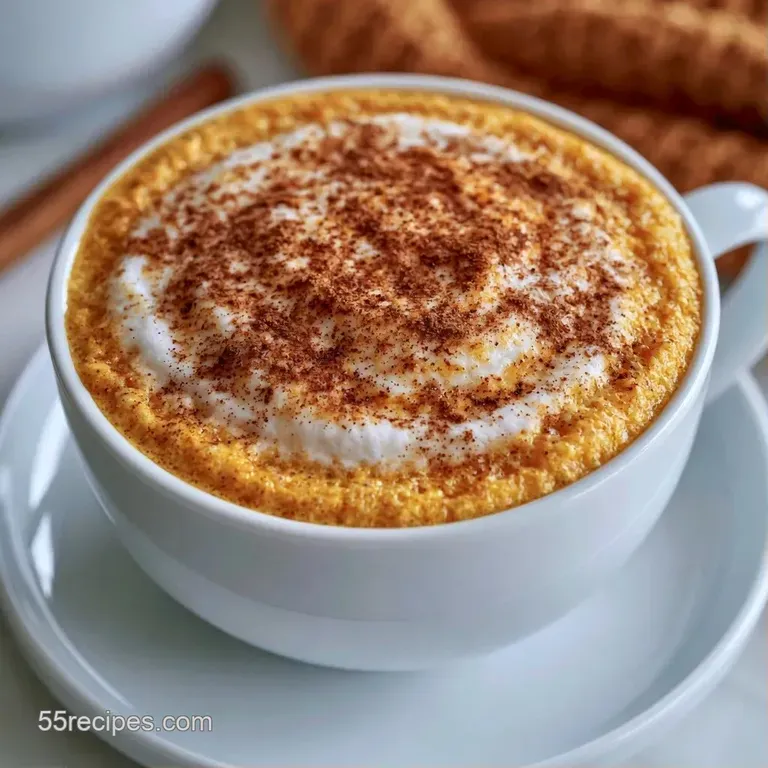 Frothy orange-hued coffee in a white ceramic mug resting on a rustic wooden tray beside colorful autumn leaves.