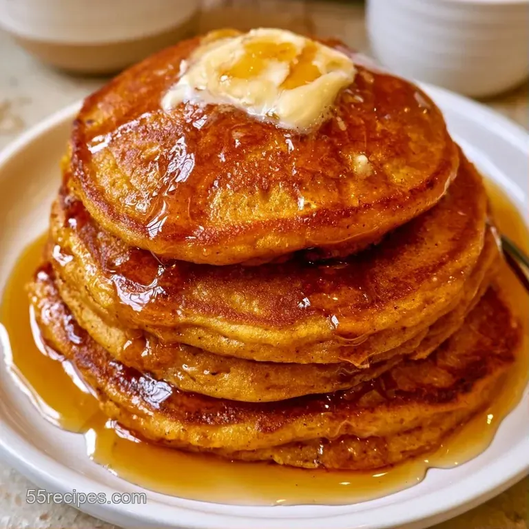A stack of orange-hued pancakes on a white plate, garnished with a dusting of cinnamon and fresh mint leaves.