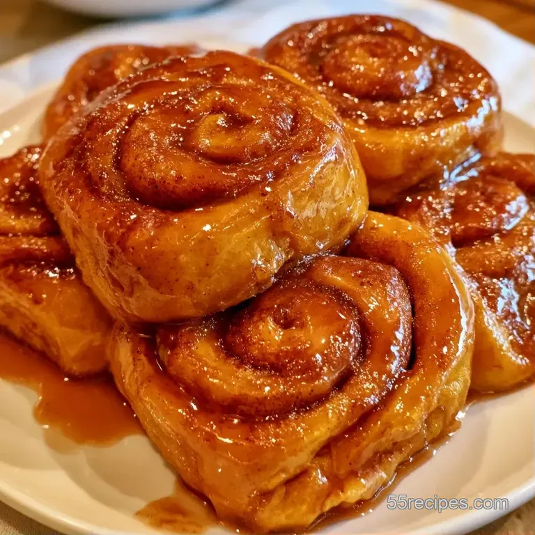 Gooey orange-tinted rolls glazed in syrup and pecans, arranged on a white ceramic platter next to steaming coffee.