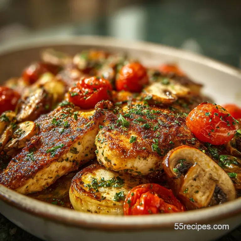 Pan-seared chicken breast atop a bed of vibrant greens, drizzled with golden sauce. Hints of garlic and herbs accent the p...