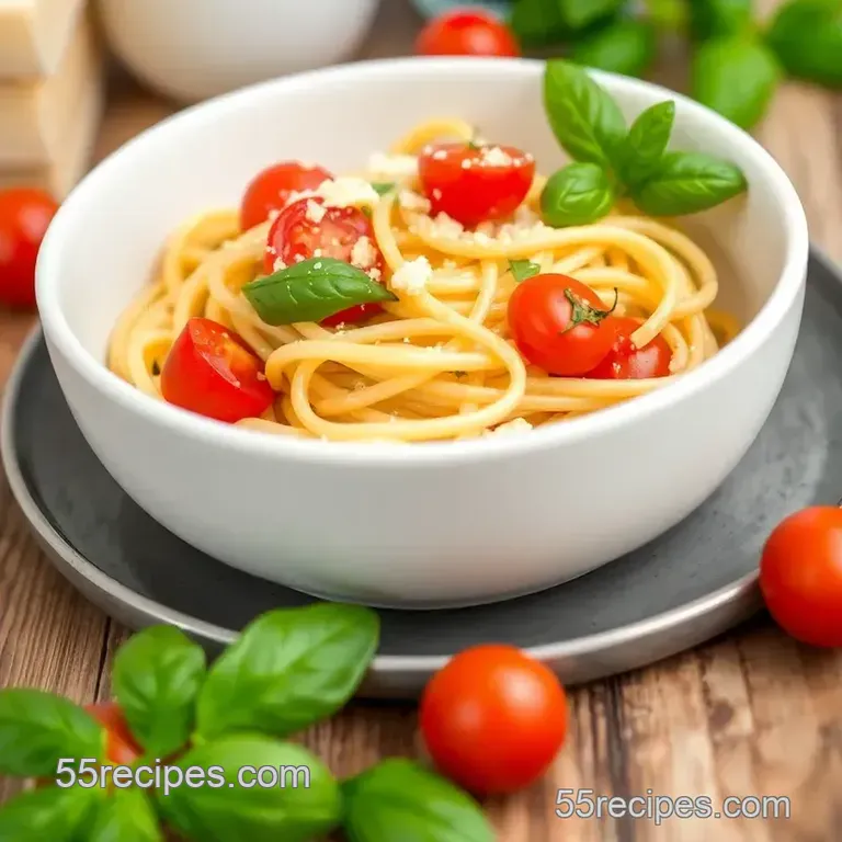 Quick Spaghetti with Fresh Tomatoes & Basil presentation
