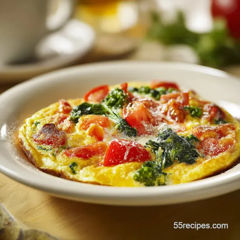 A fluffy Western omelet, glistening with melted cheese, artfully plated with a side of vibrant, fresh fruit.